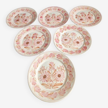 Set of 6 pink and orange HB Quimpert dessert plates