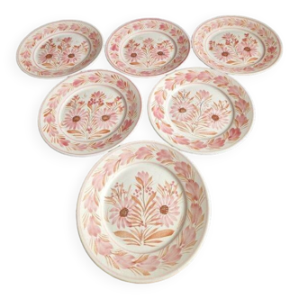 Set of 6 pink and orange HB Quimpert dessert plates