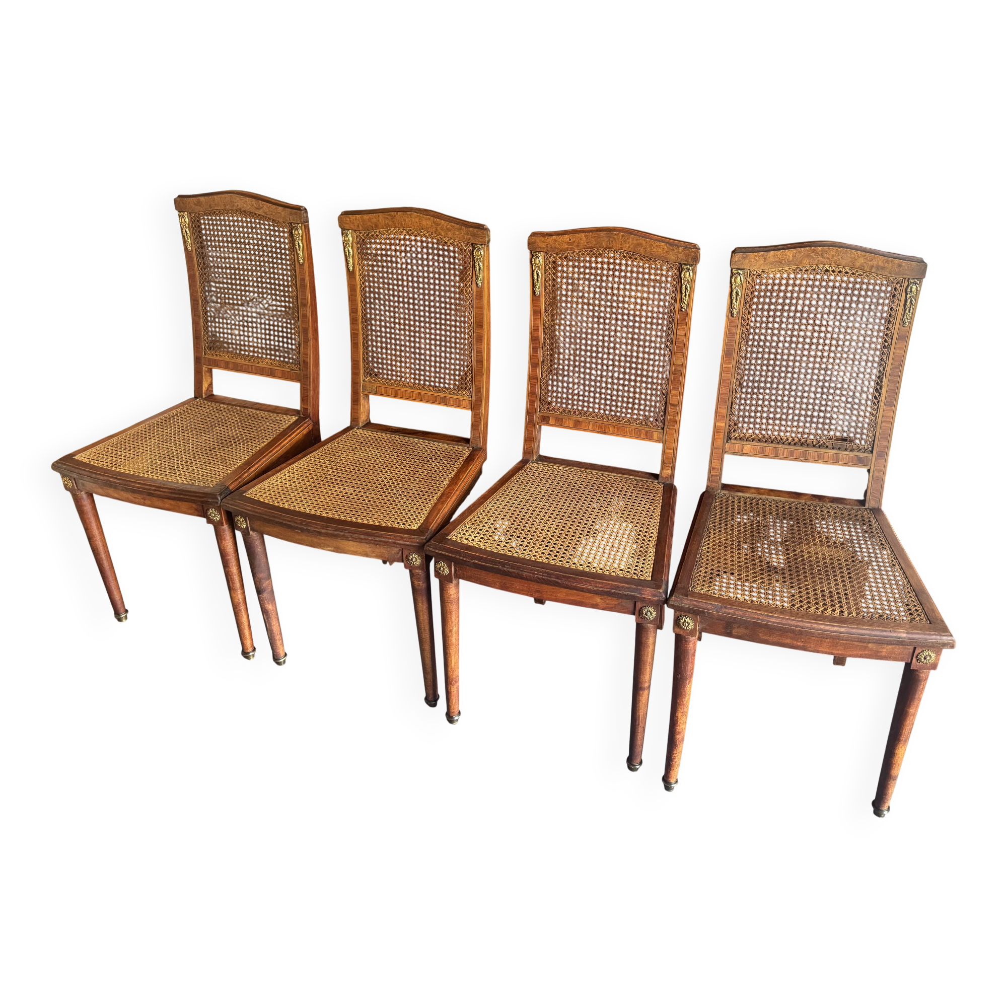 Set of four antique Louis XVI style chairs, wood and cane