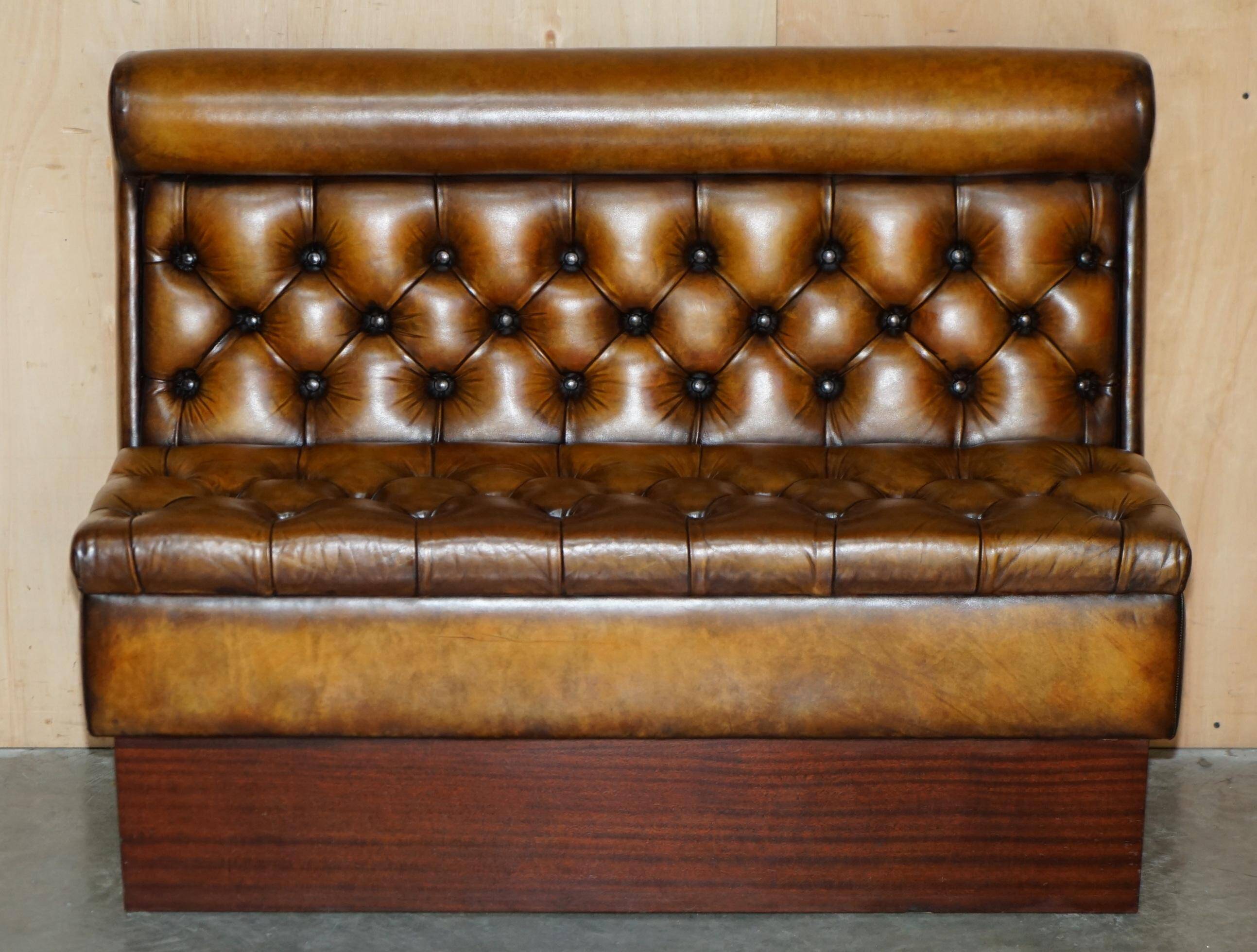Pair of Victorian Chesterfield pub benches in leather.