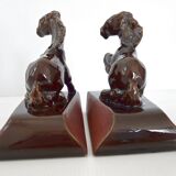 Pair of vintage leather & ceramic bookends