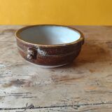 Old small glazed ceramic dish with lion head decoration - brown enamel kitchen bowl