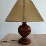 Vintage table lamp in turned wood and fabric lampshade
