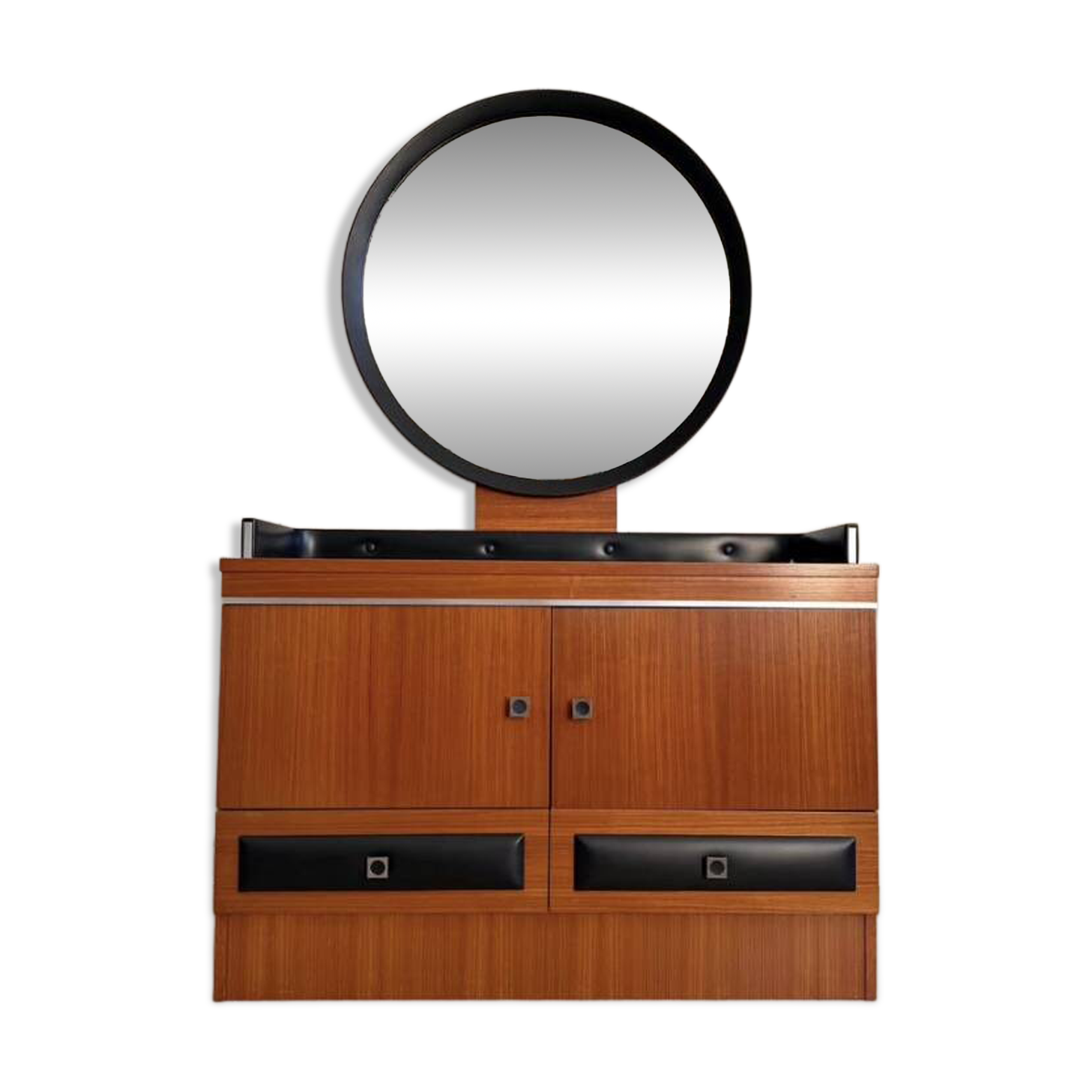 Vintage Mid-Century teak dressing table with large round mirror.