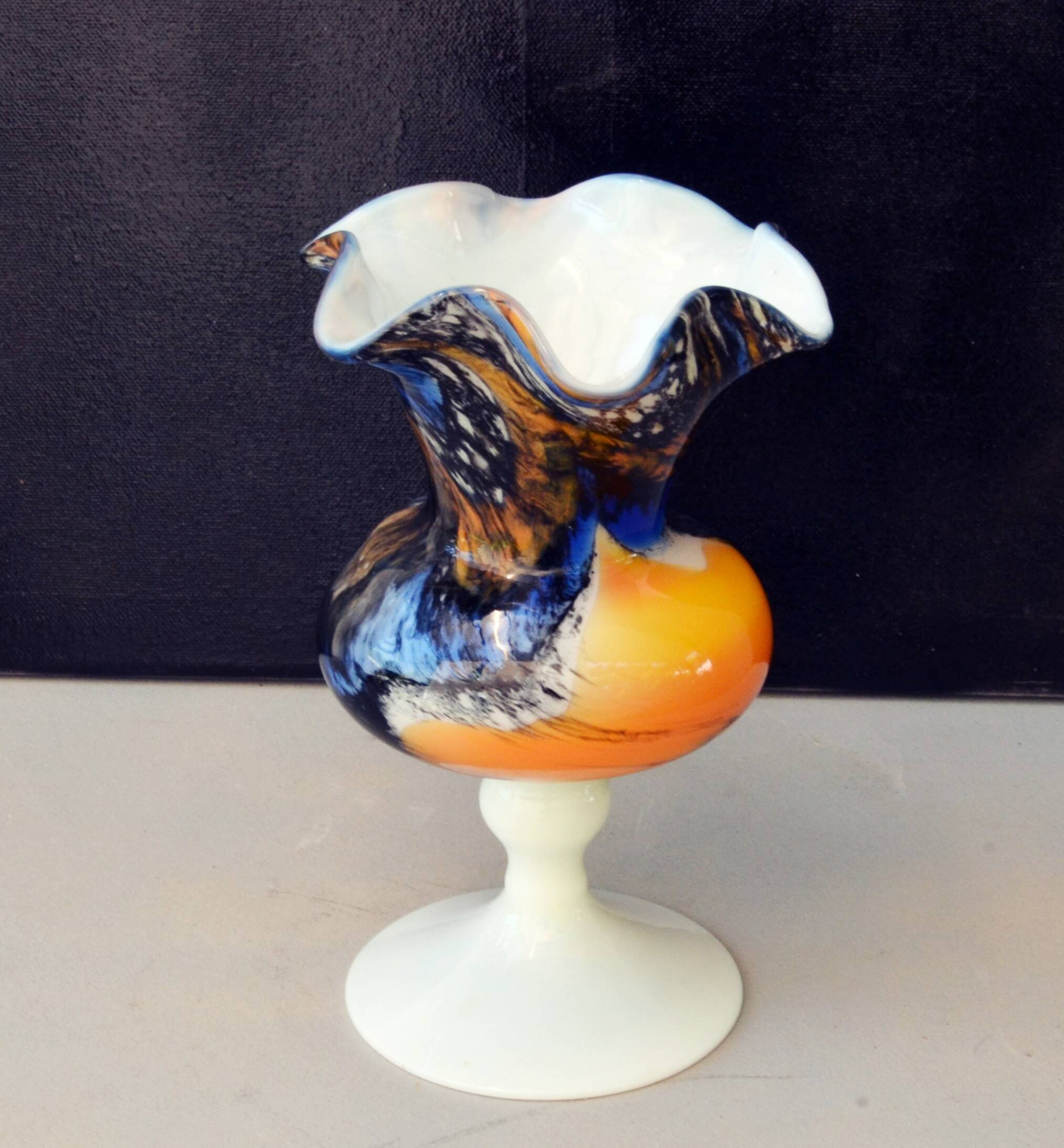 Mid Century Blue and Rust Carlo Moretti Glass Vase