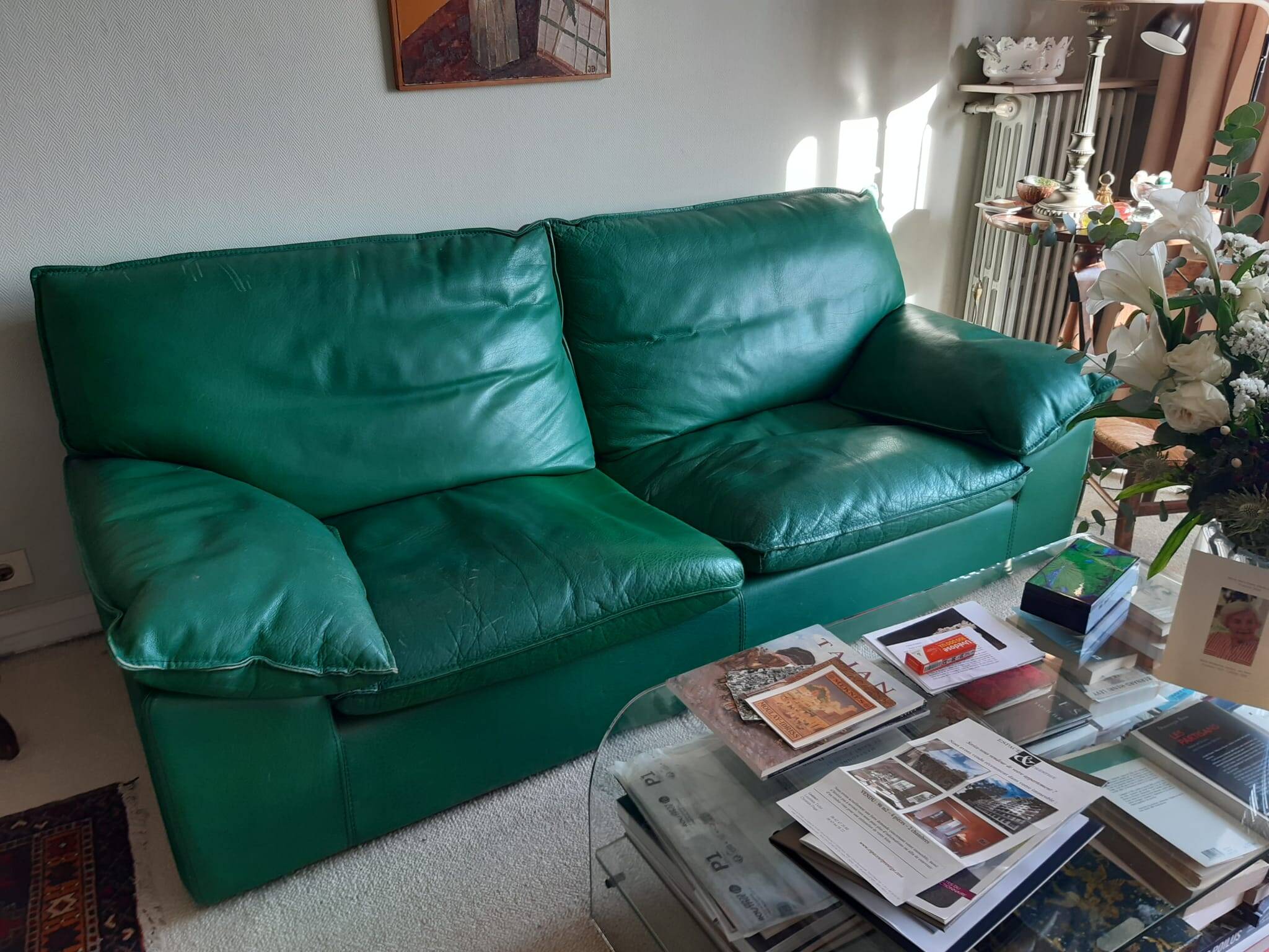 Sofa set and a green leather armchair - 1990s style - Duvivier brand