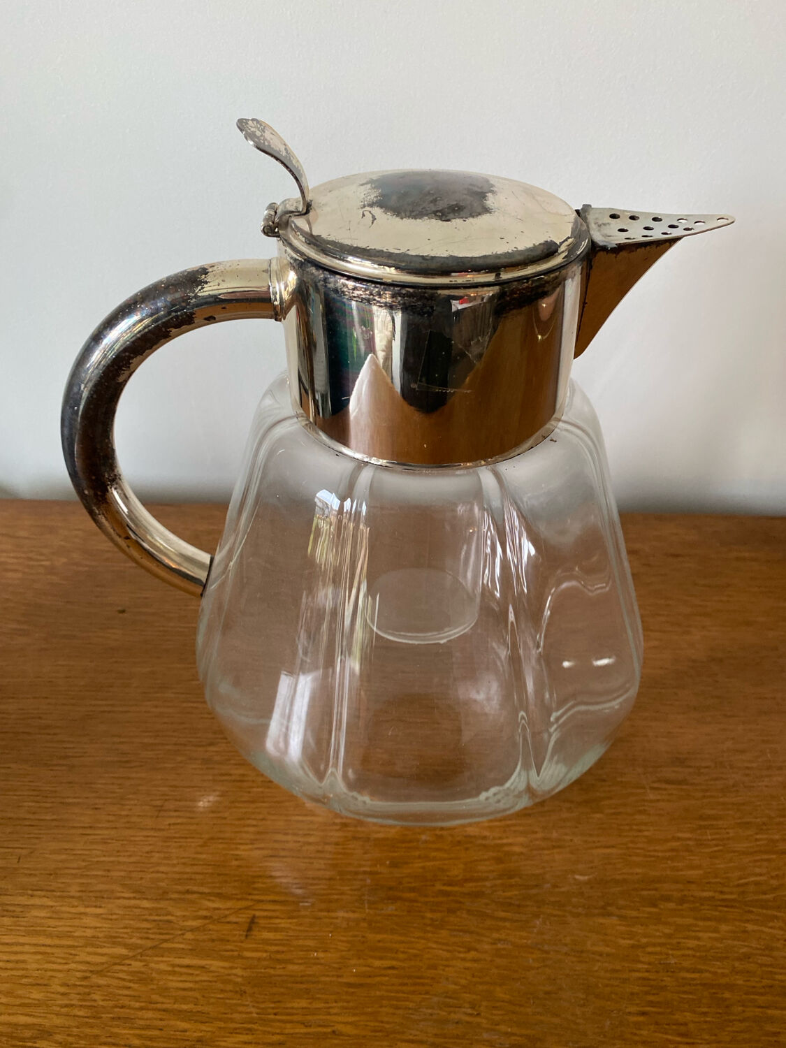 Old Refreshing Carafe + Ice Tube Moulded Glass + Silver Metal