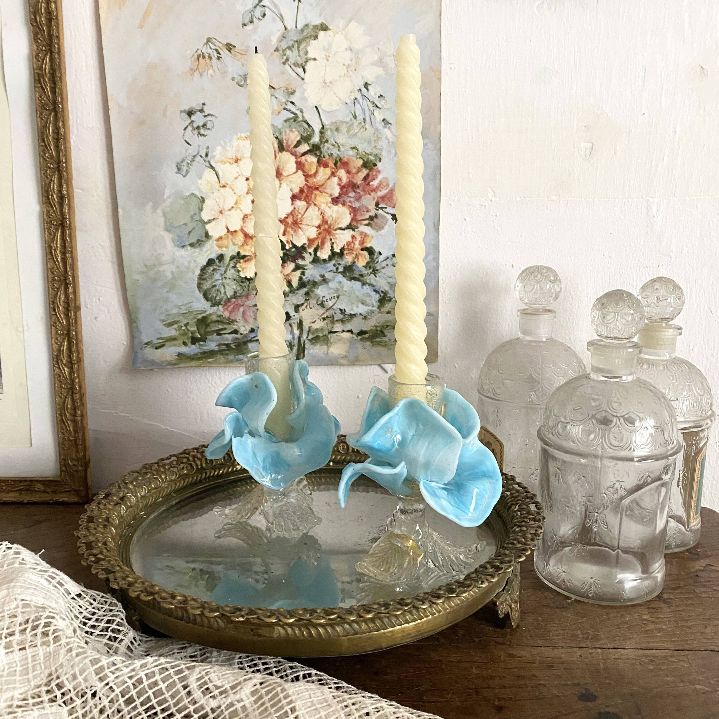 Pair of Murano glass candlesticks, iris flowers, 1960s