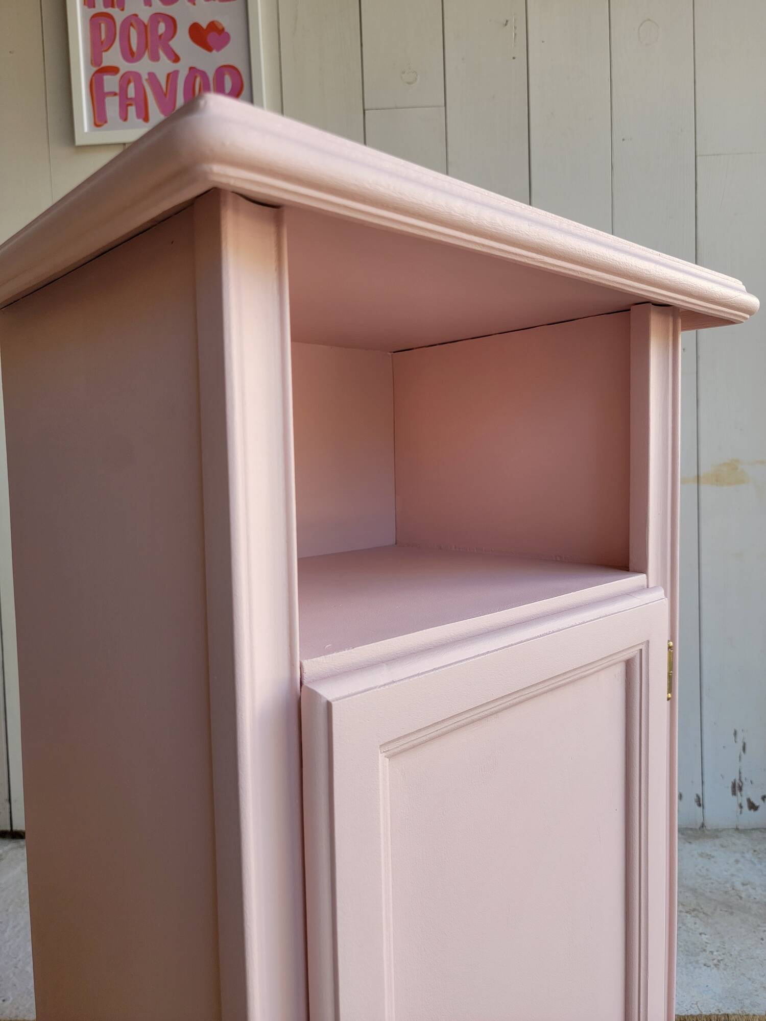 Antique bedside table revamped in pink.