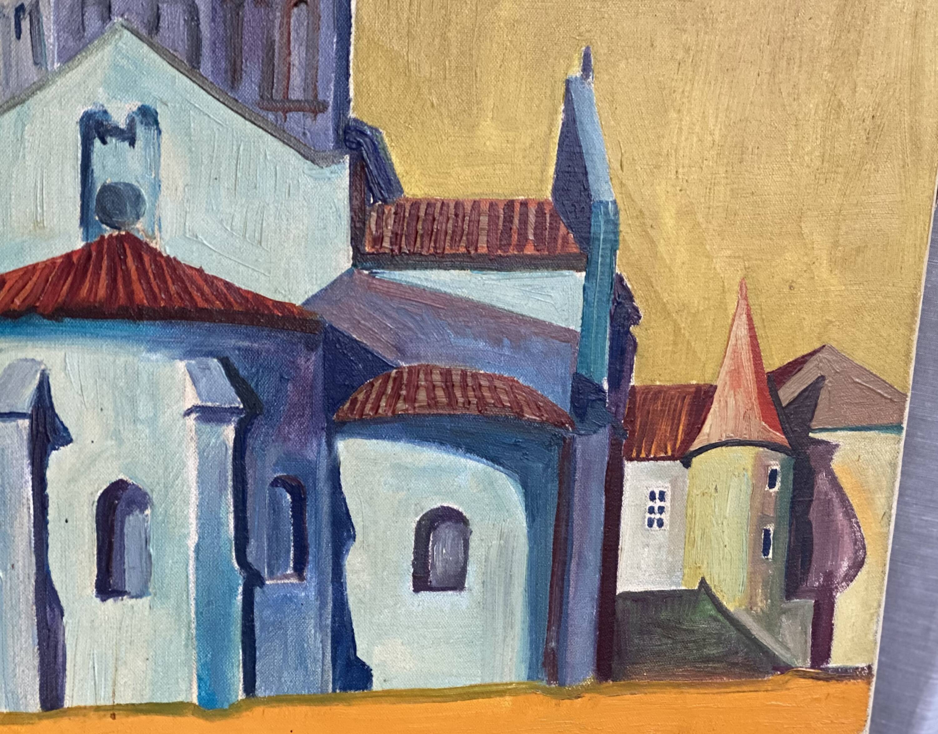 Painting by Michel Perrin, Provence church on yellow background, 1966