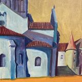 Tableau de Michel Perrin "Eglise de provence sur fond jaune" 1966