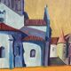 Painting by Michel Perrin, Provence church on yellow background, 1966