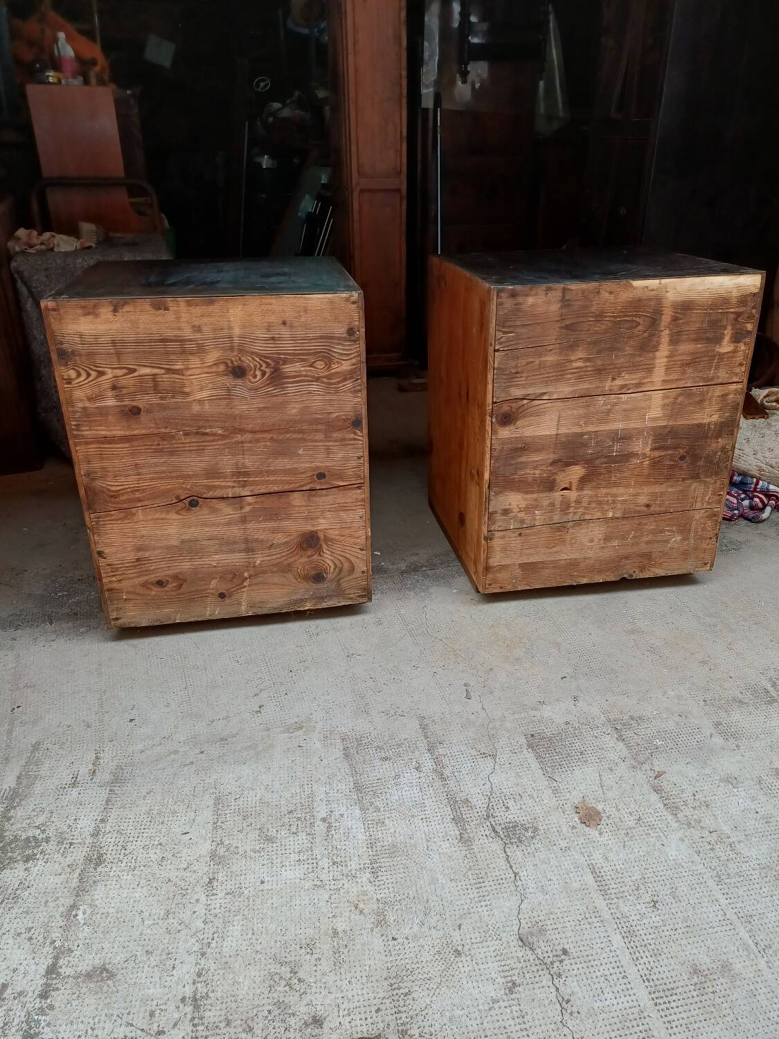 Pair of workshop furniture, solid wood, metal top 1930, 1950