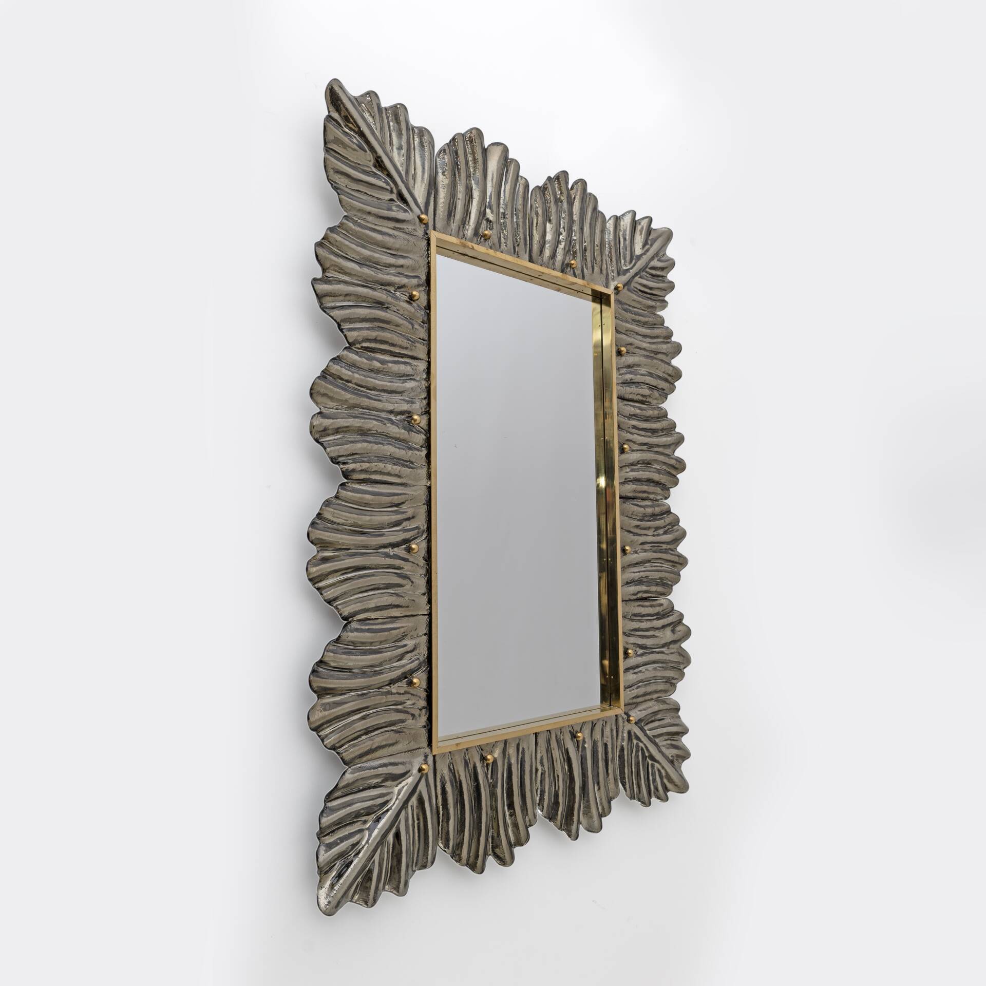 Pair of Mid Century Modern Italian Brass and Leaf Murano Glass Wall Mirrors