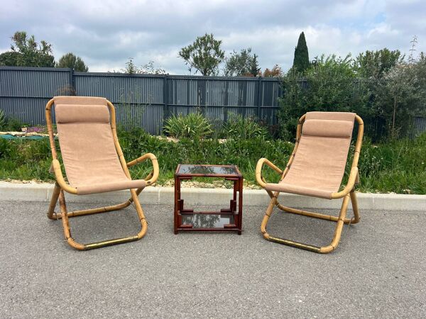 Salon vintage en bambou, années 60–70
