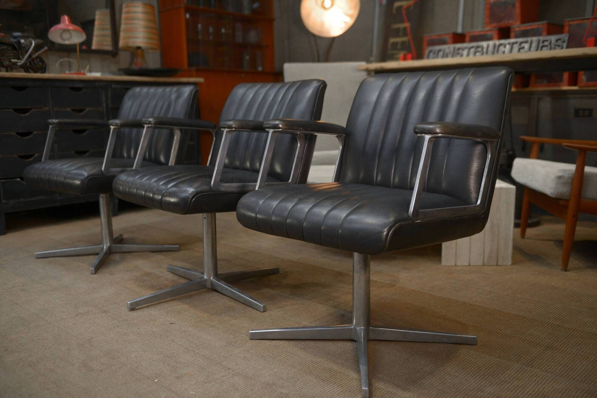 Set of 3 designer swivel metal leather office armchairs 1970