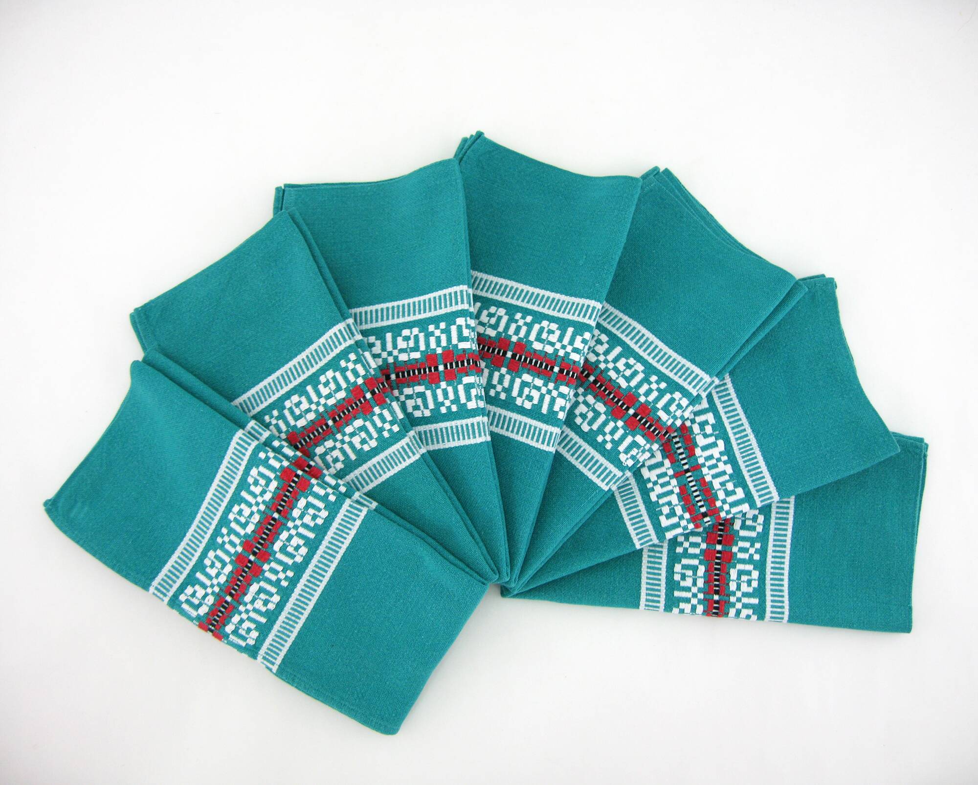 7 green cotton napkins - Basque Country France - vintage 60s
