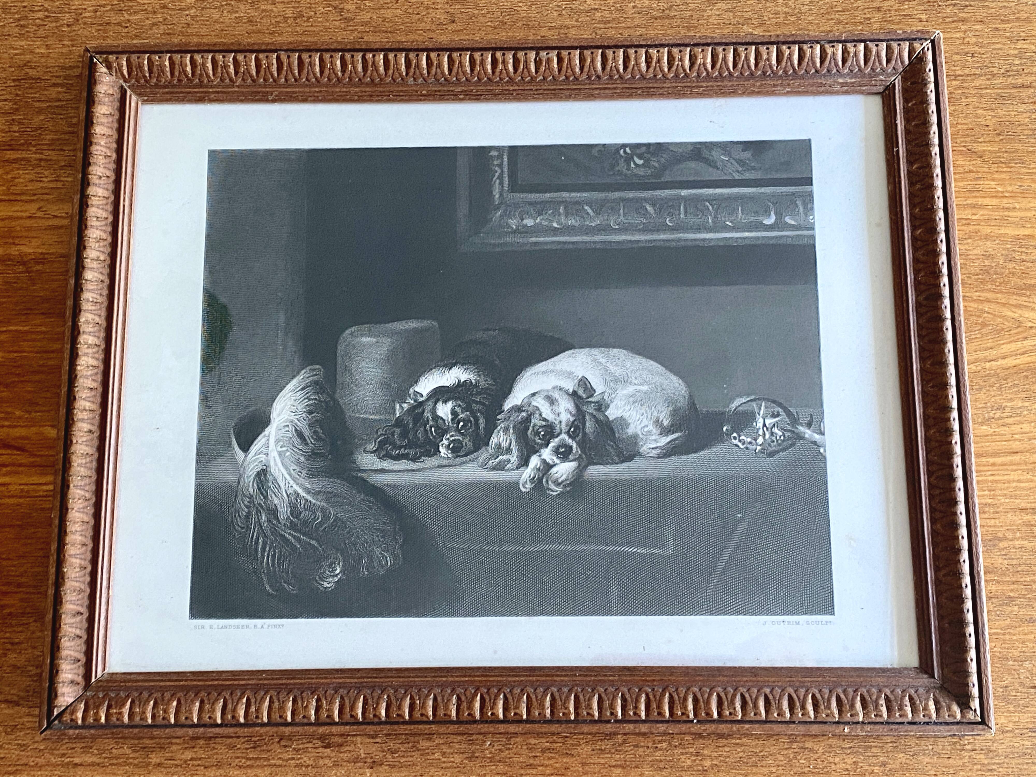 Antique engraving by edwin landseer - cavalier king charles dogs