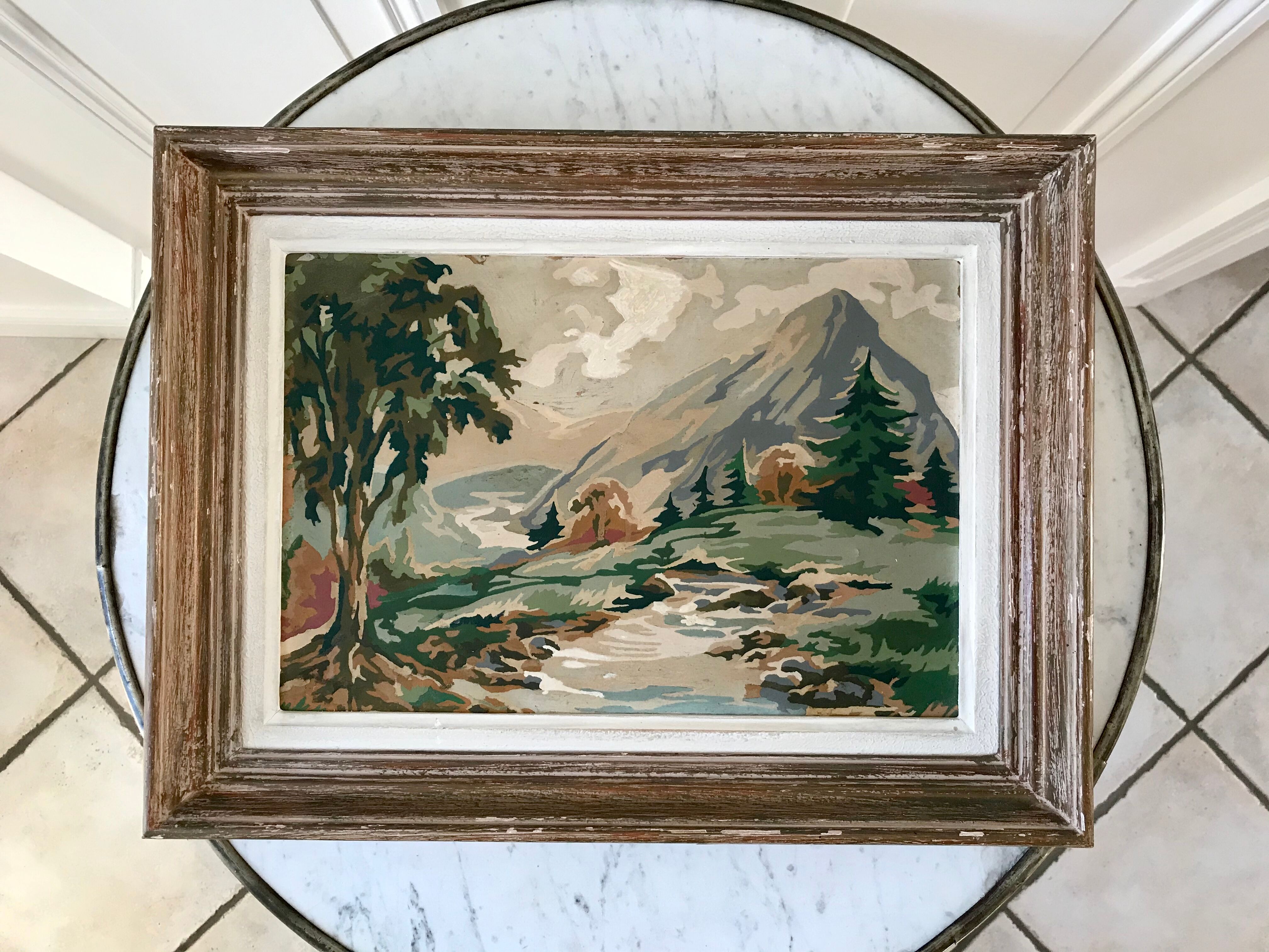 Painting oil on cardboard vintage abstract landscape