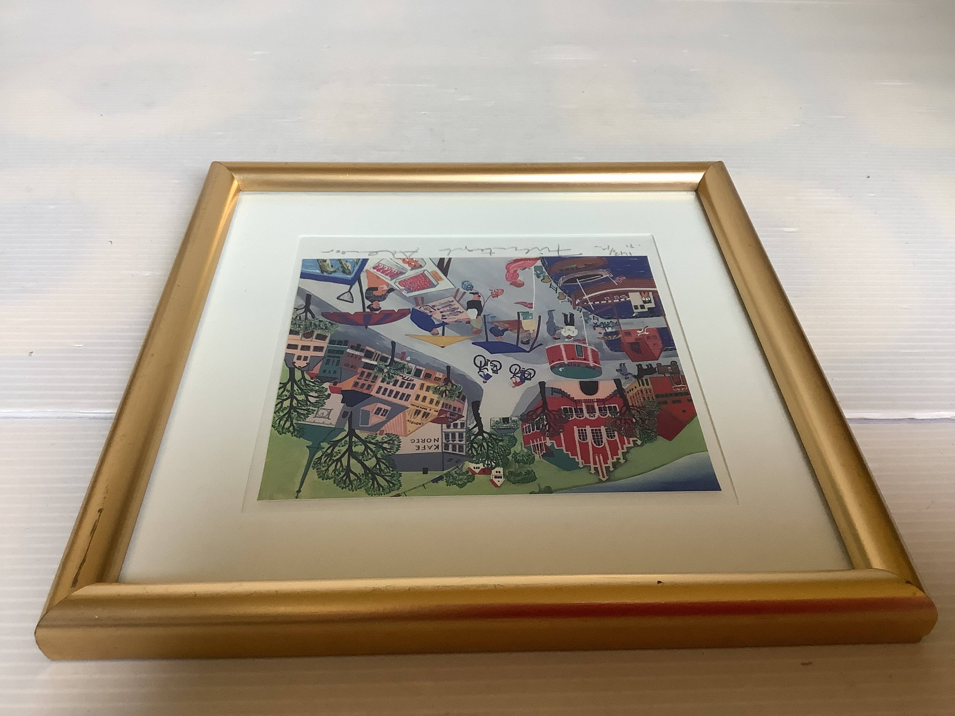 Lithograph illustration by Arvid Norendal of the market in Bergen.