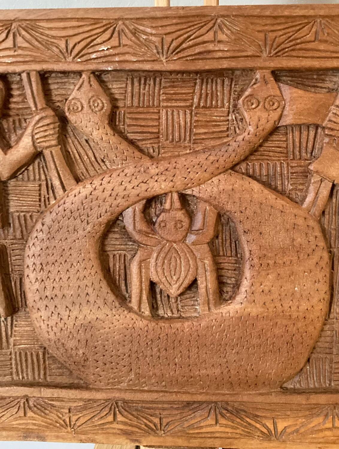 Bas relief African Art 20th century solid wood panel carved with Warriors