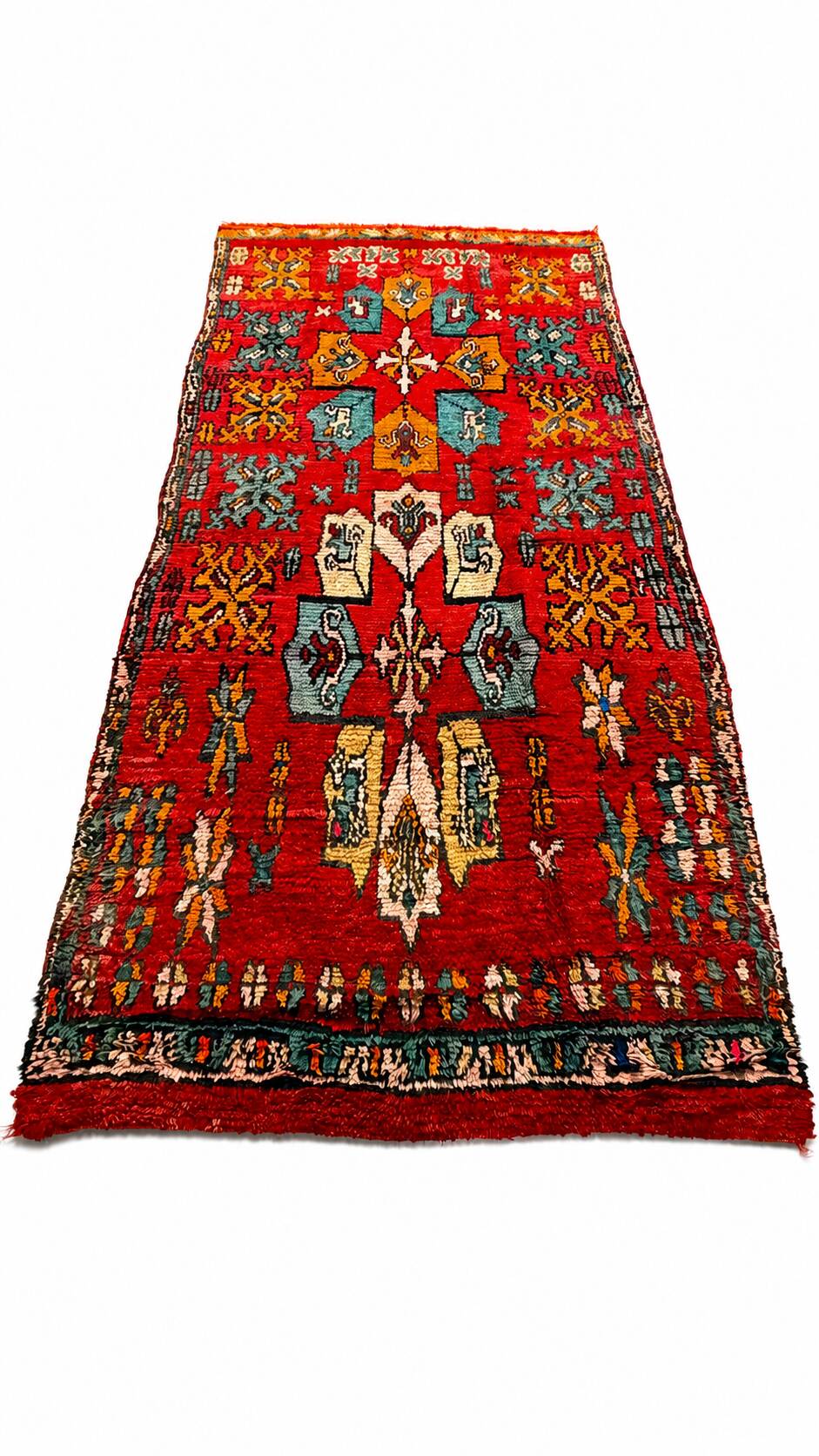 Vintage red Berber rug with multicoloured patterns - 145 x 300 cm