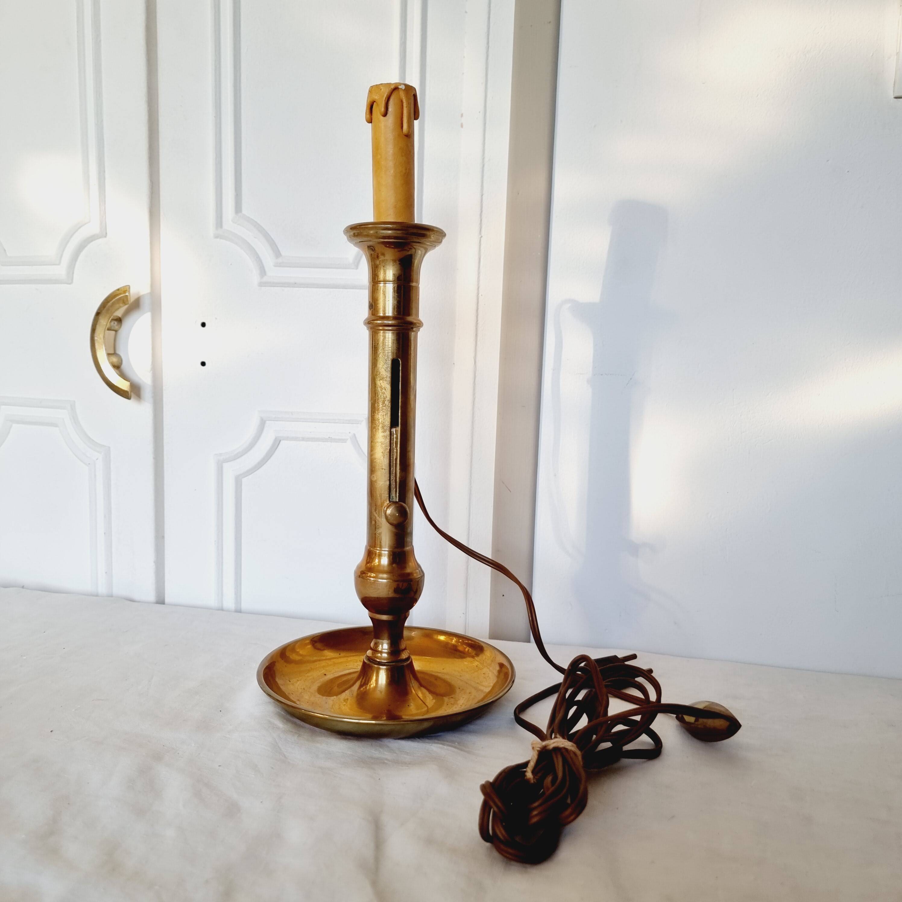 Brass table lamp made from an antique 19th century candlestick or candle holder.