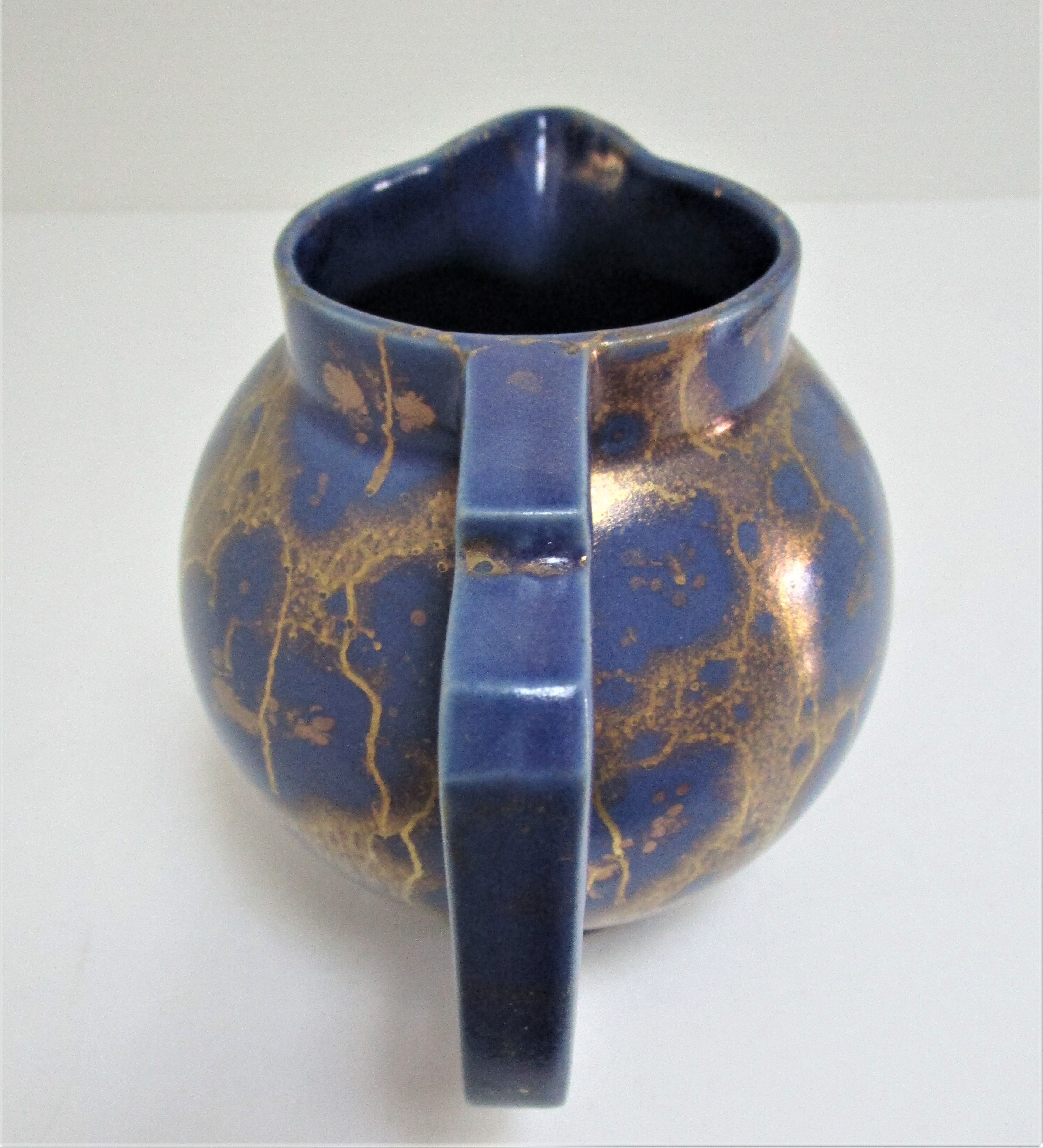 Art Deco ceramic pitcher enamel blue and gold by Lucien Brisdoux 1930s