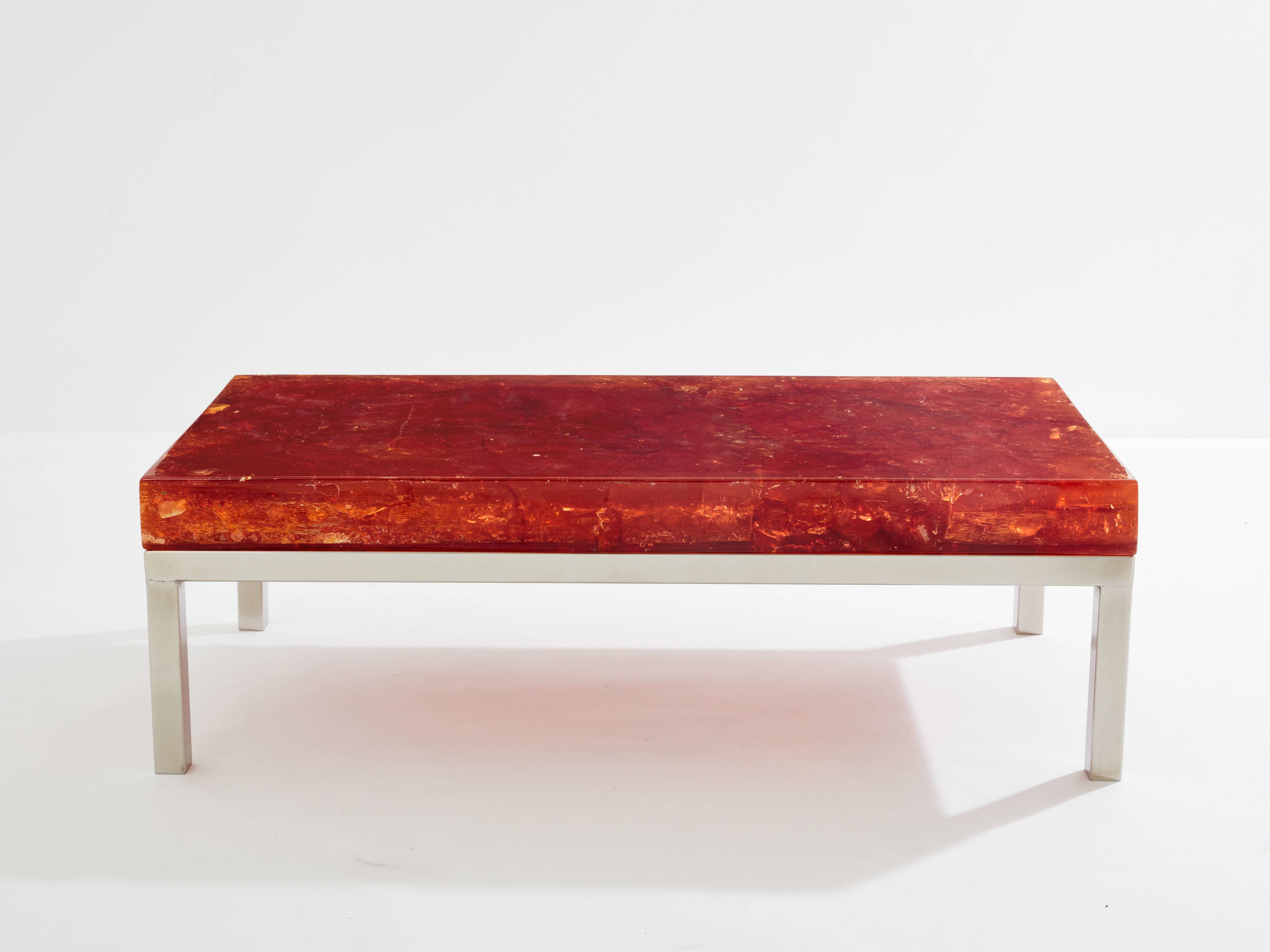 Marie-Claude De Fouquières orange fractal resin coffee table 1970