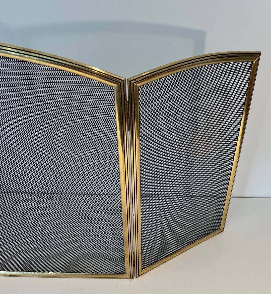 Three-Panel Neoclassical Fire Screen with Wire Mesh and Brass Frame