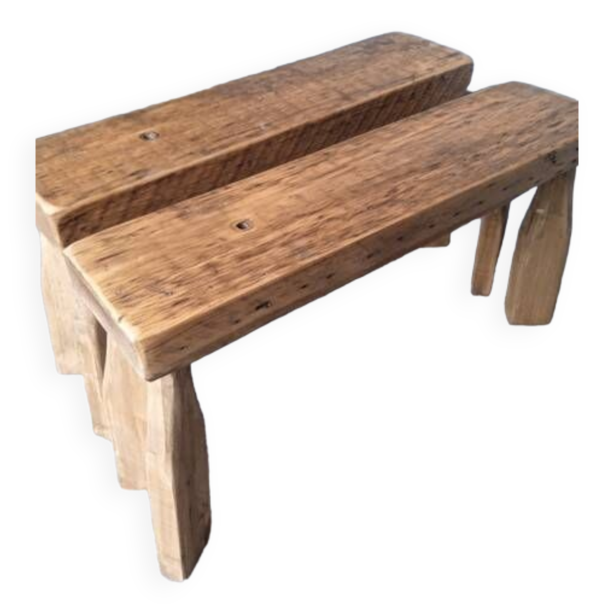 Pair of 2 patinated solid wood benches / stools