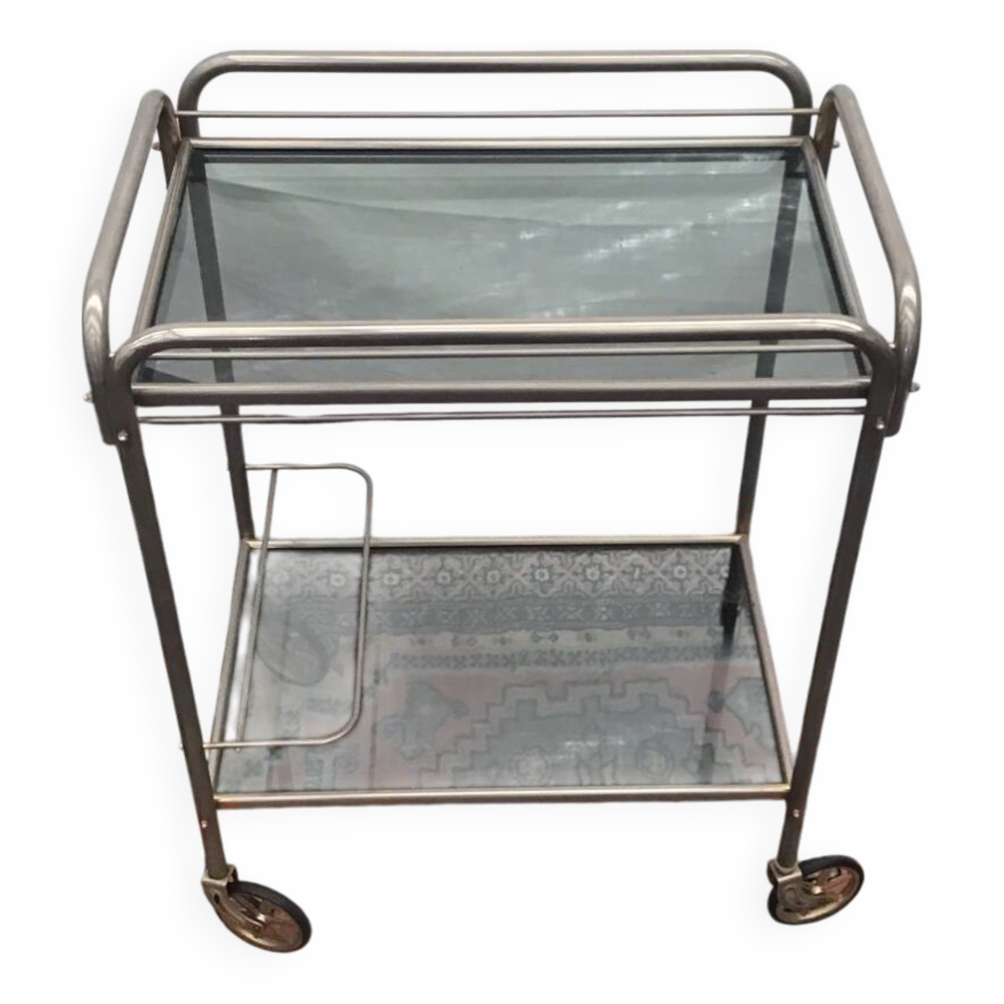 Dessert on wheels with removable tray in chrome metal and smoked glass