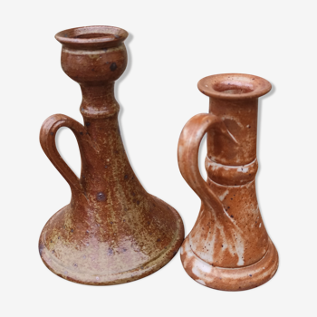 Duo of vintage stoneware candle holders