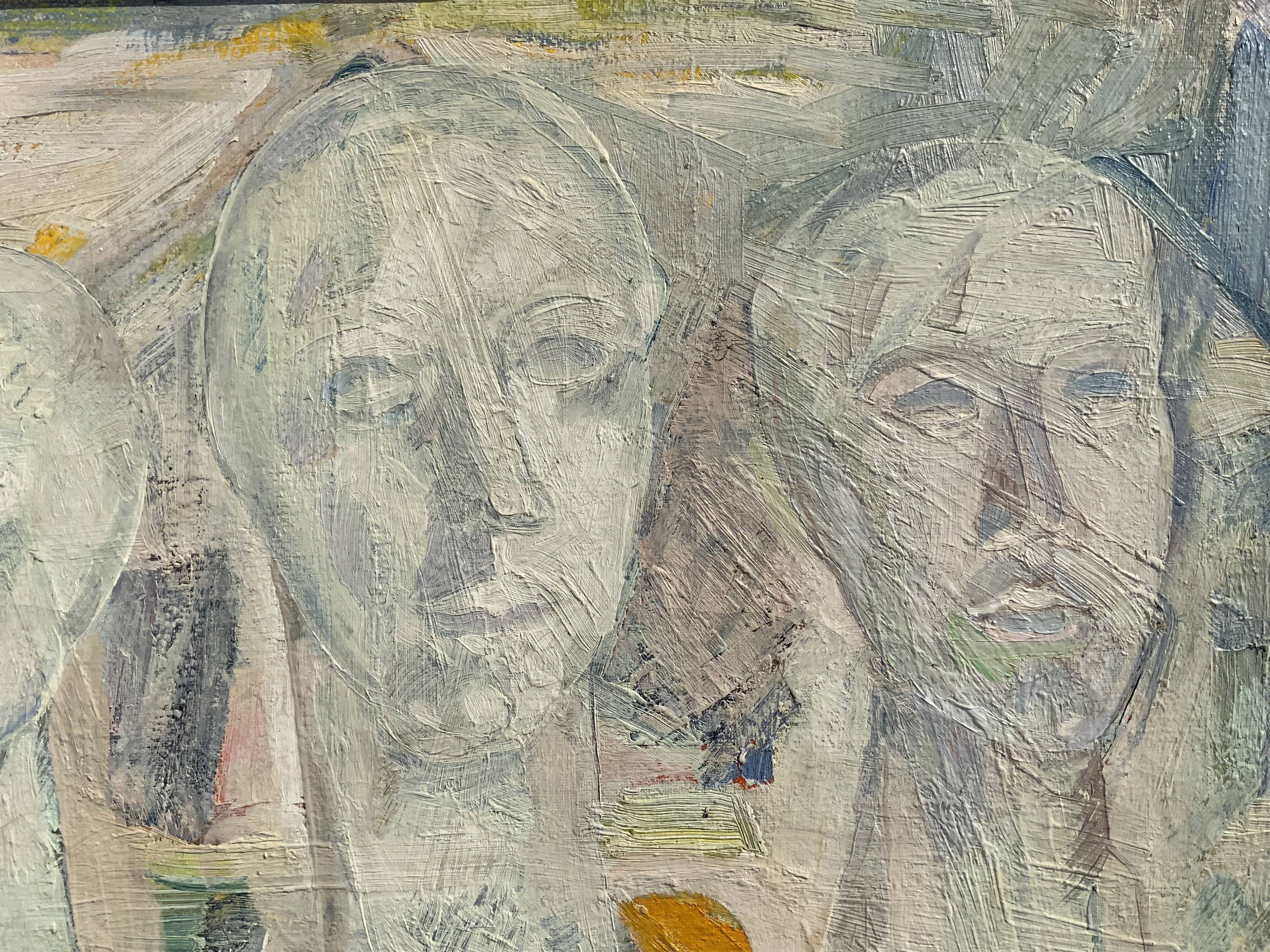 Vintage Modernist Composition with Heads Oil Painting signed by artist R.J. 1956