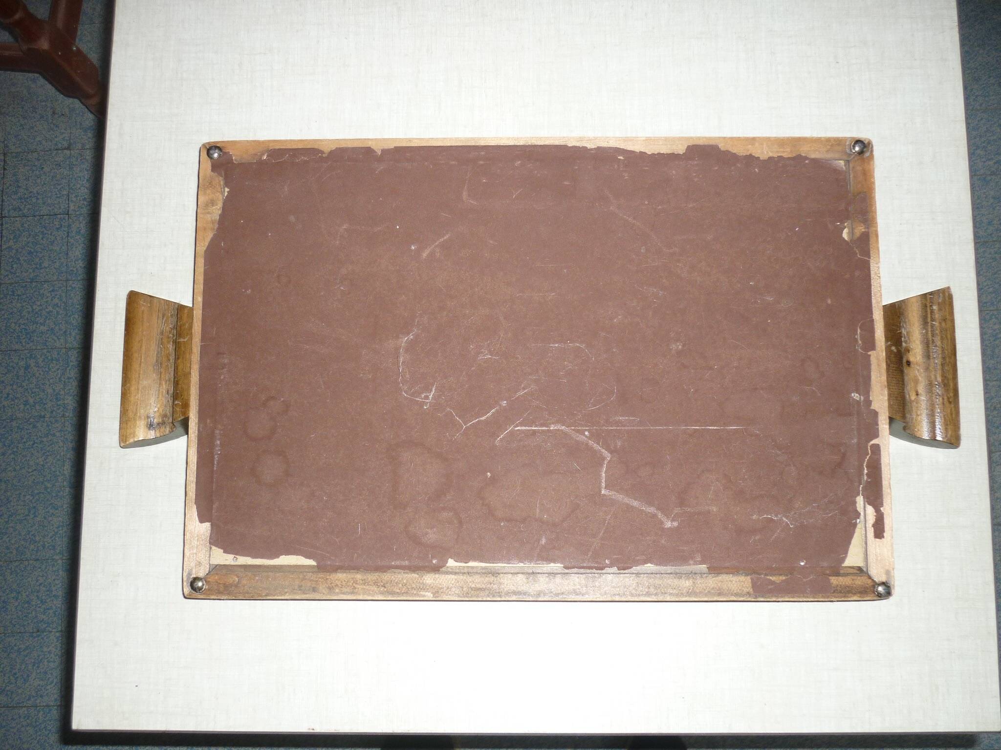 Serving tray in wood, copper and glazed 1950
