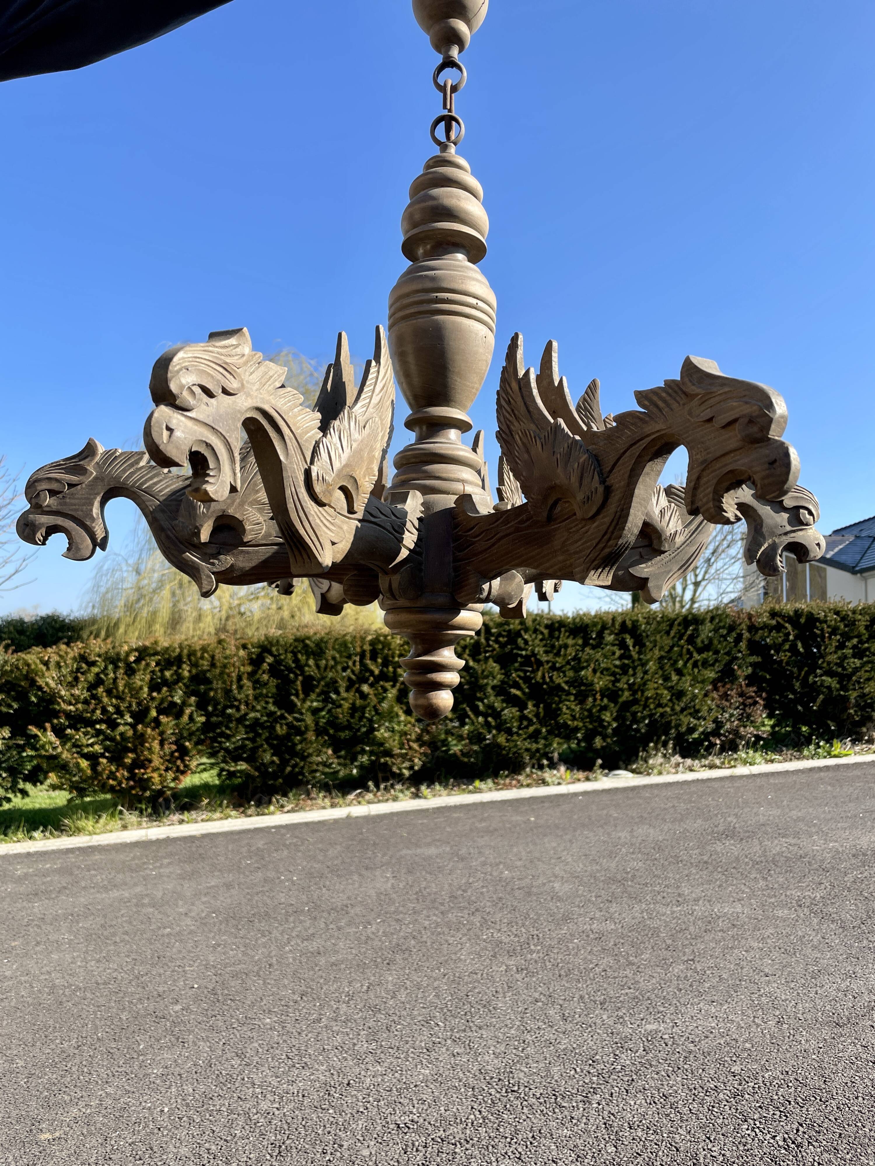 Old wooden chandelier Henri II 6 Gothic dragons