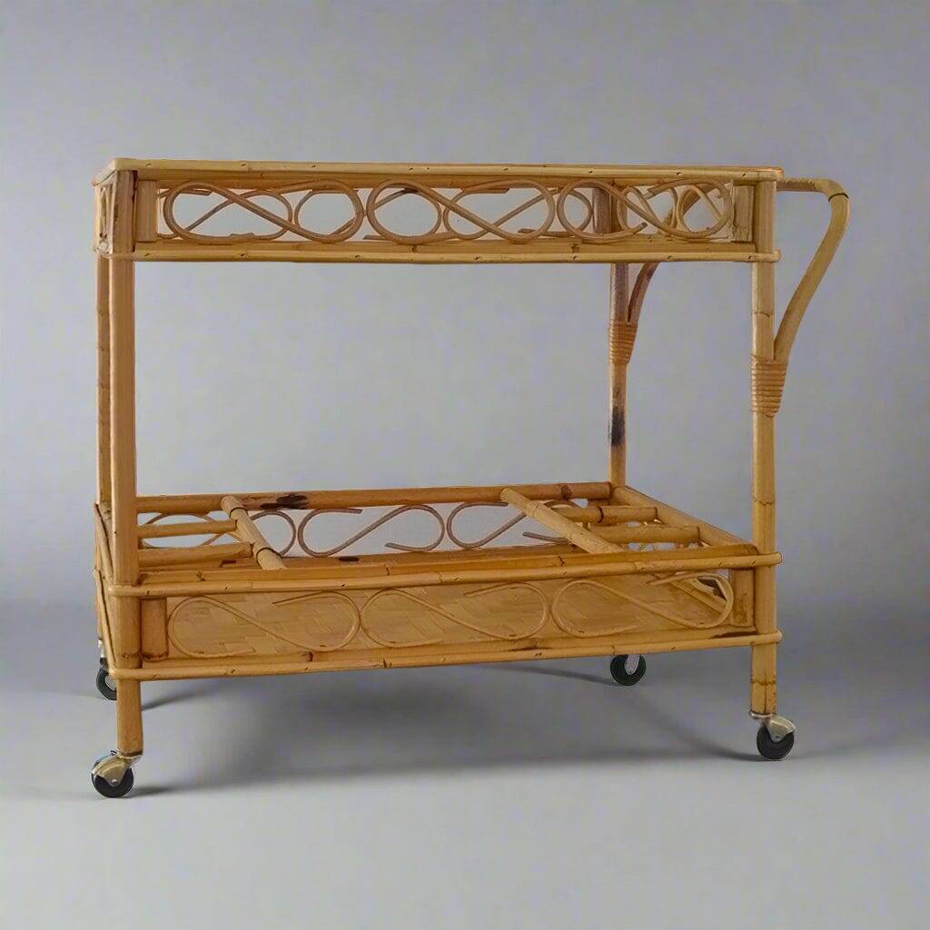 1960s Exquisite Italian Bamboo & Rattan Bar Cart by Franco Albini - Mid Cen