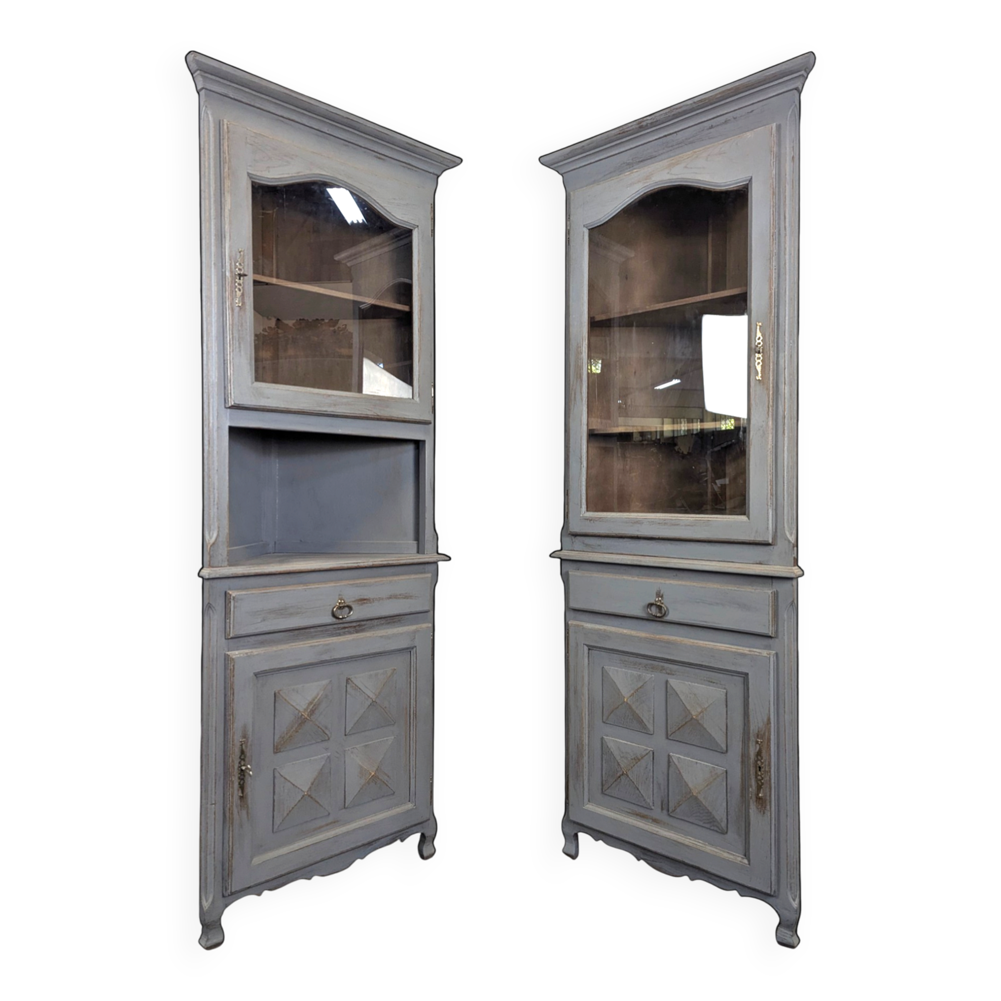 Pair of re-edged corner cabinets