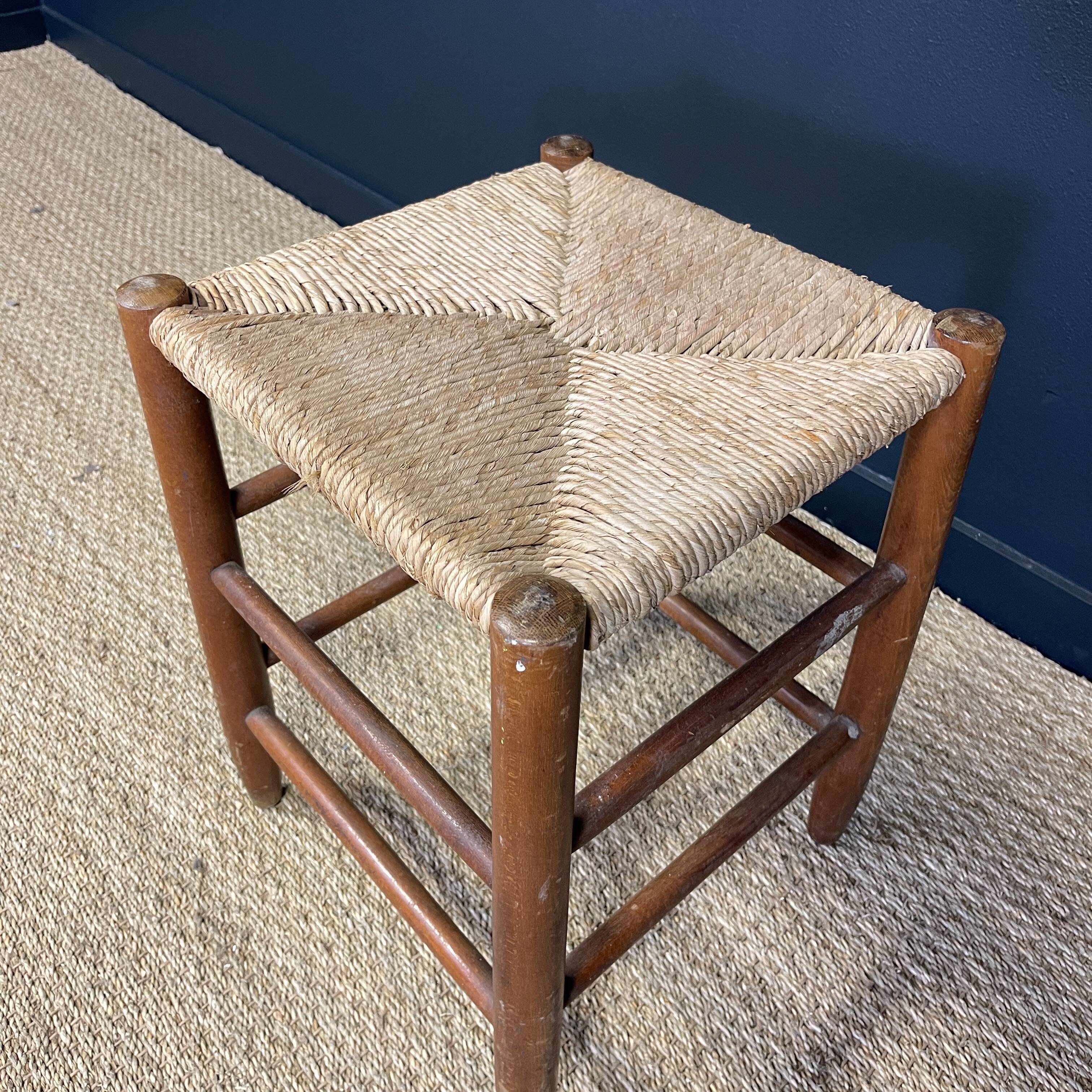 Set of 3 stools wood and straw