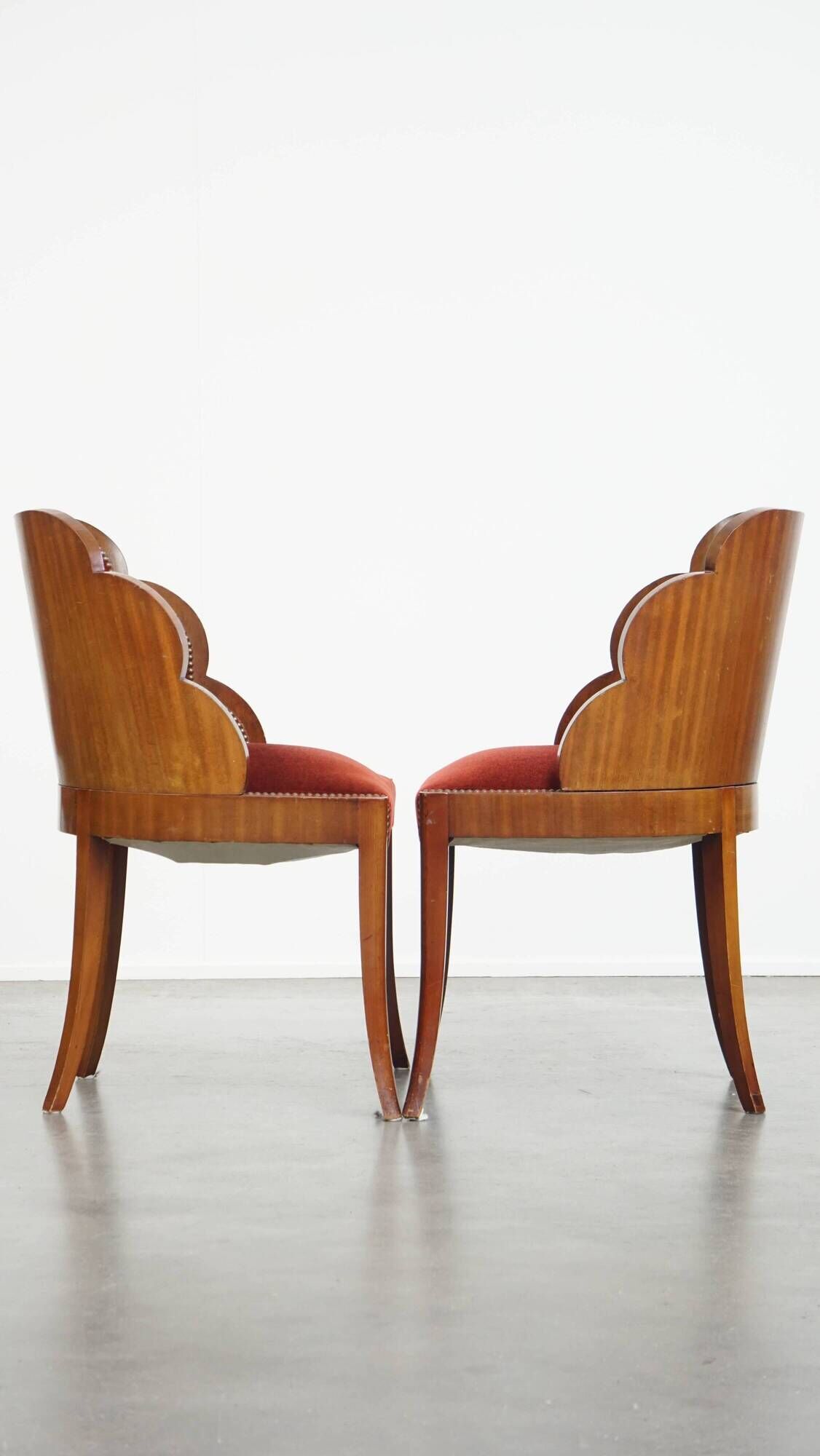 Set of 4 Art Deco Dining Chairs with Red Upholstery and Wooden Backs