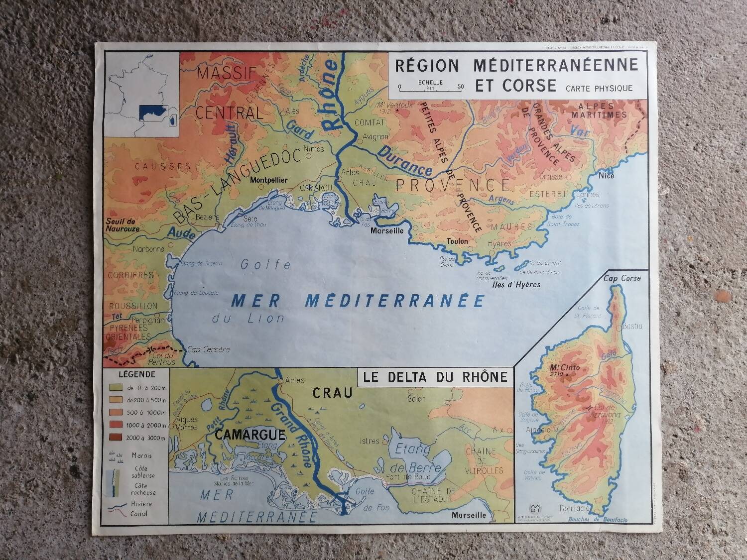 Vintage school map of France, Mediterranean, Corsica, Massif Central