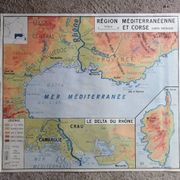 Vintage school map of France, Mediterranean, Corsica, Massif Central