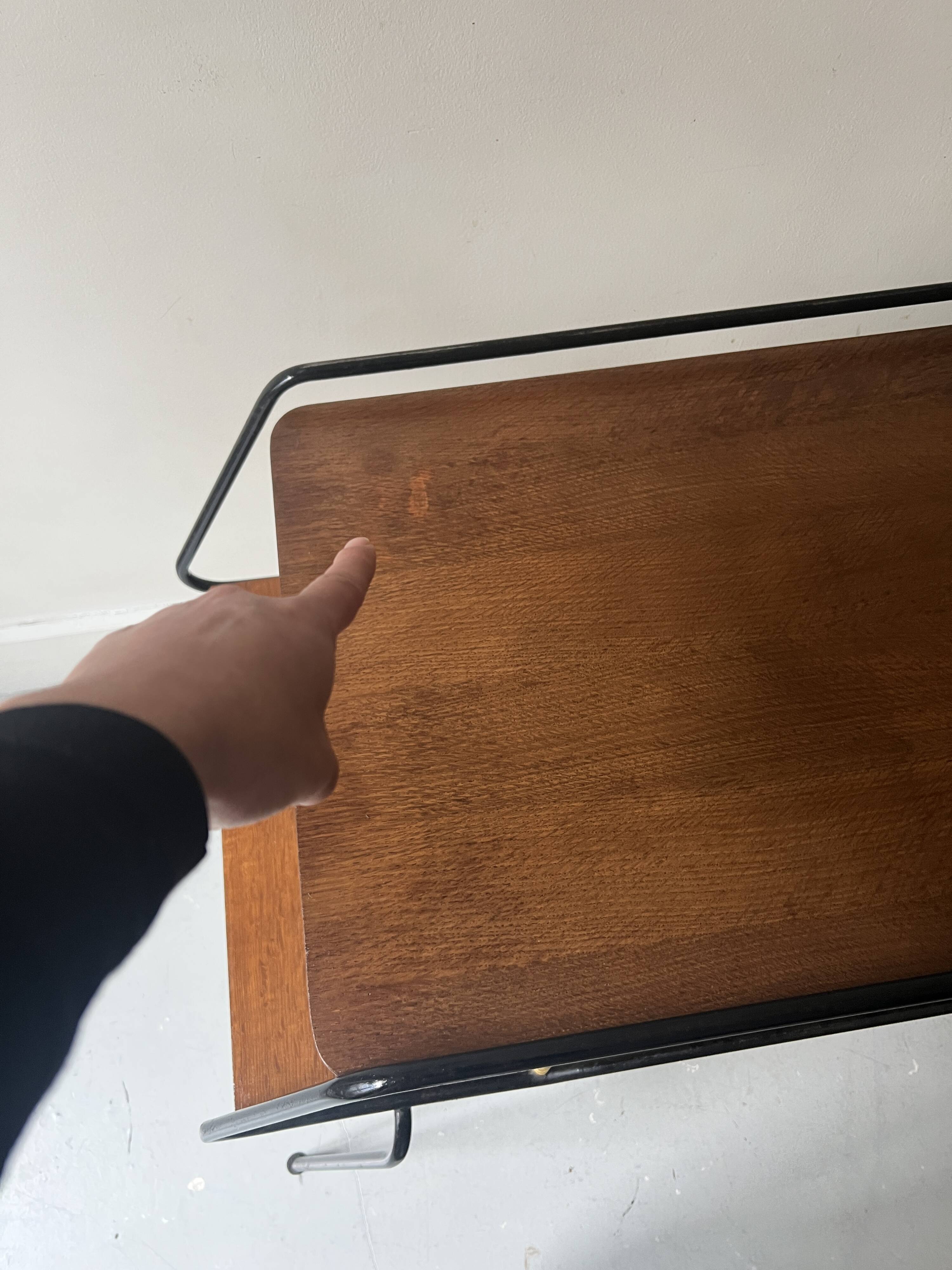 Modernist TV/Hifi table in wood & metal by J. Hitier, French design 1950.