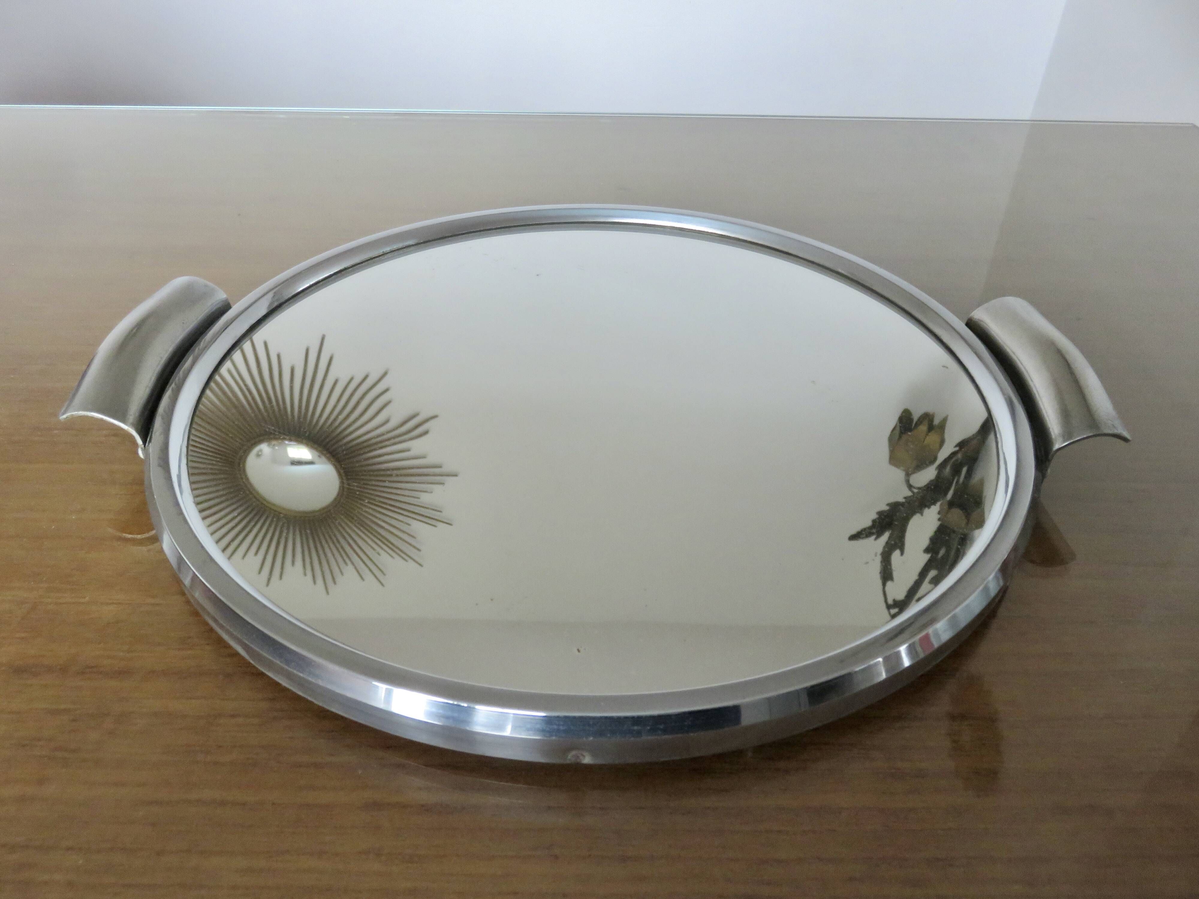 Round mirror tray in chrome-plated brass Art Deco 40s 50s