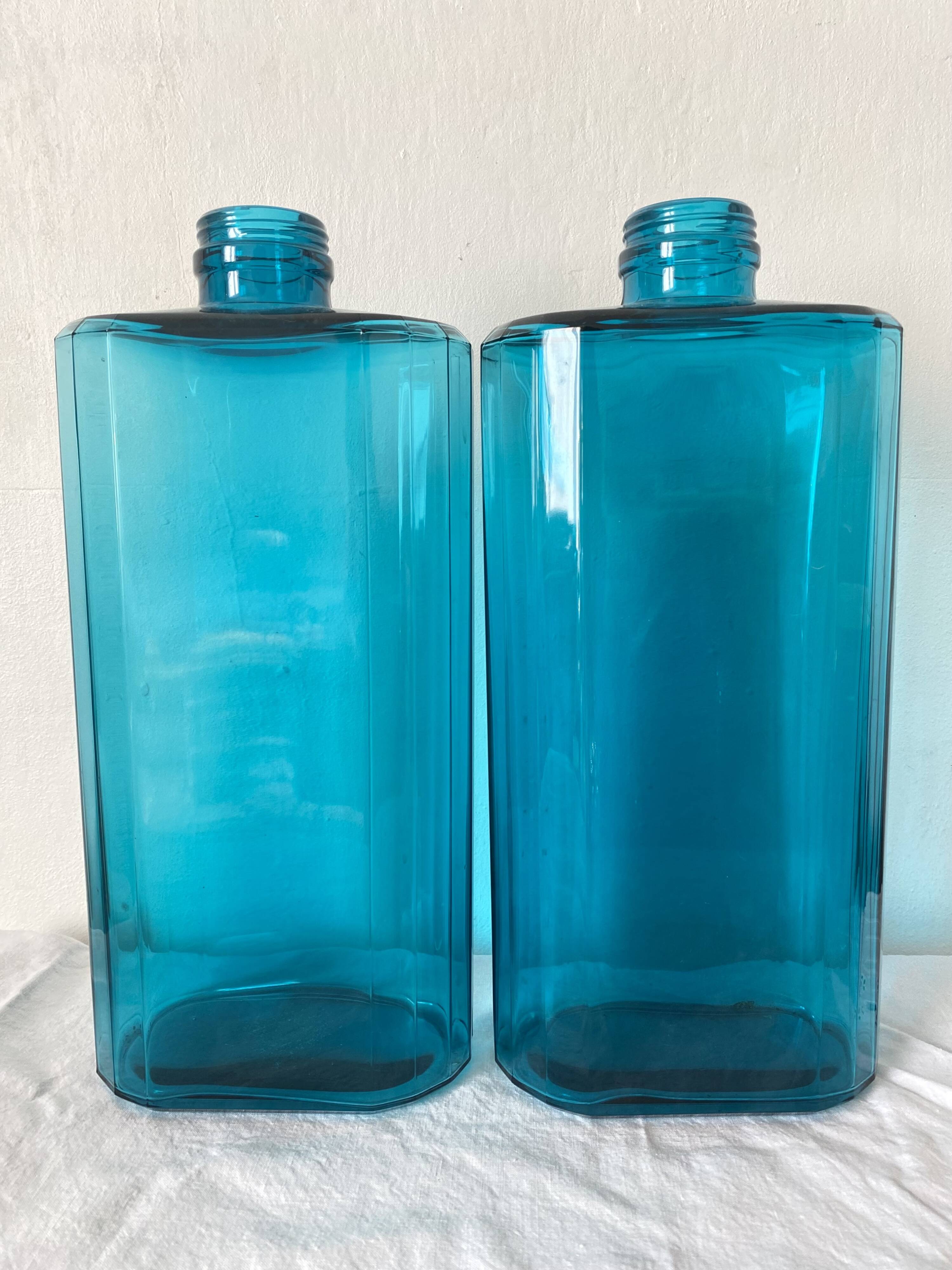 Turquoise glass bottles 36 cm, Fougère glassworks