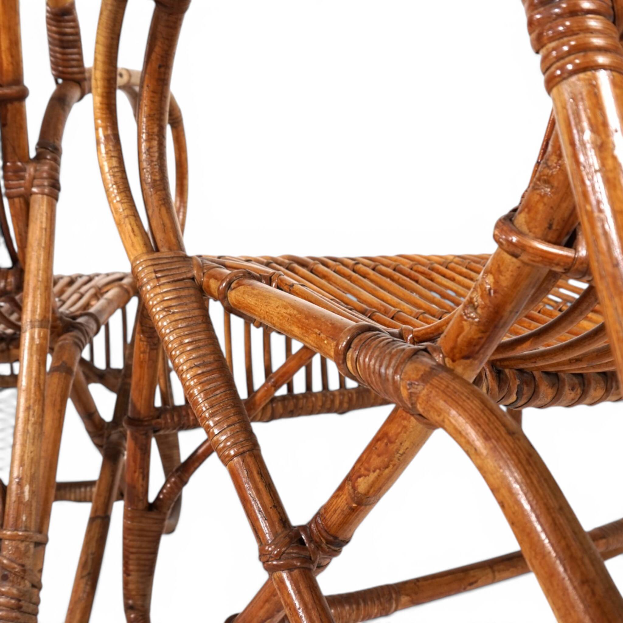 French Pair Vintage Rattan Bamboo Lounge Chairs, 1960