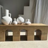 Solid monoxyl wood bench with carved 3-arch base - Natural wood color
