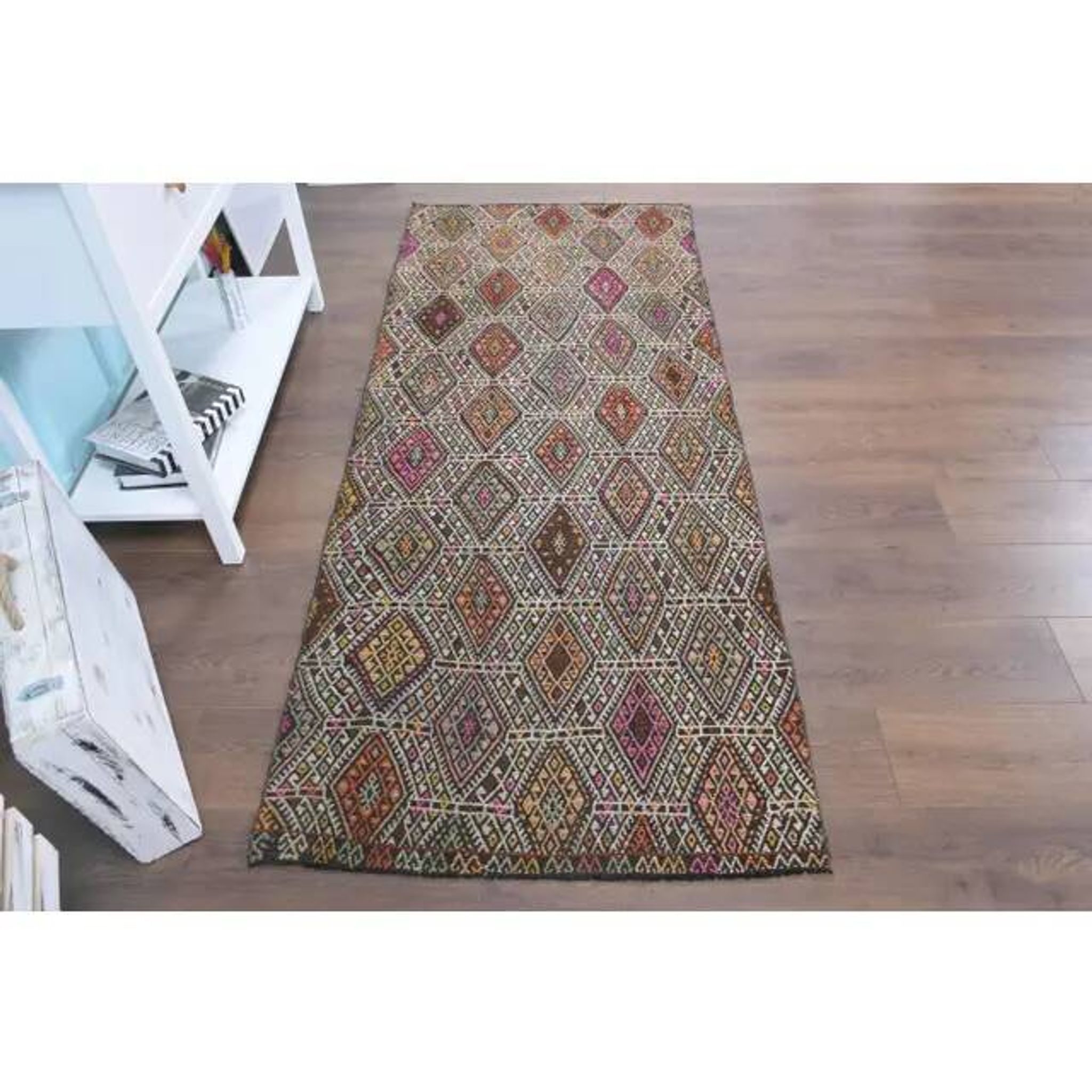 Vintage Turkish Oushak Handmade Wool Cotton Beige Kilim Runner Rug 91x224