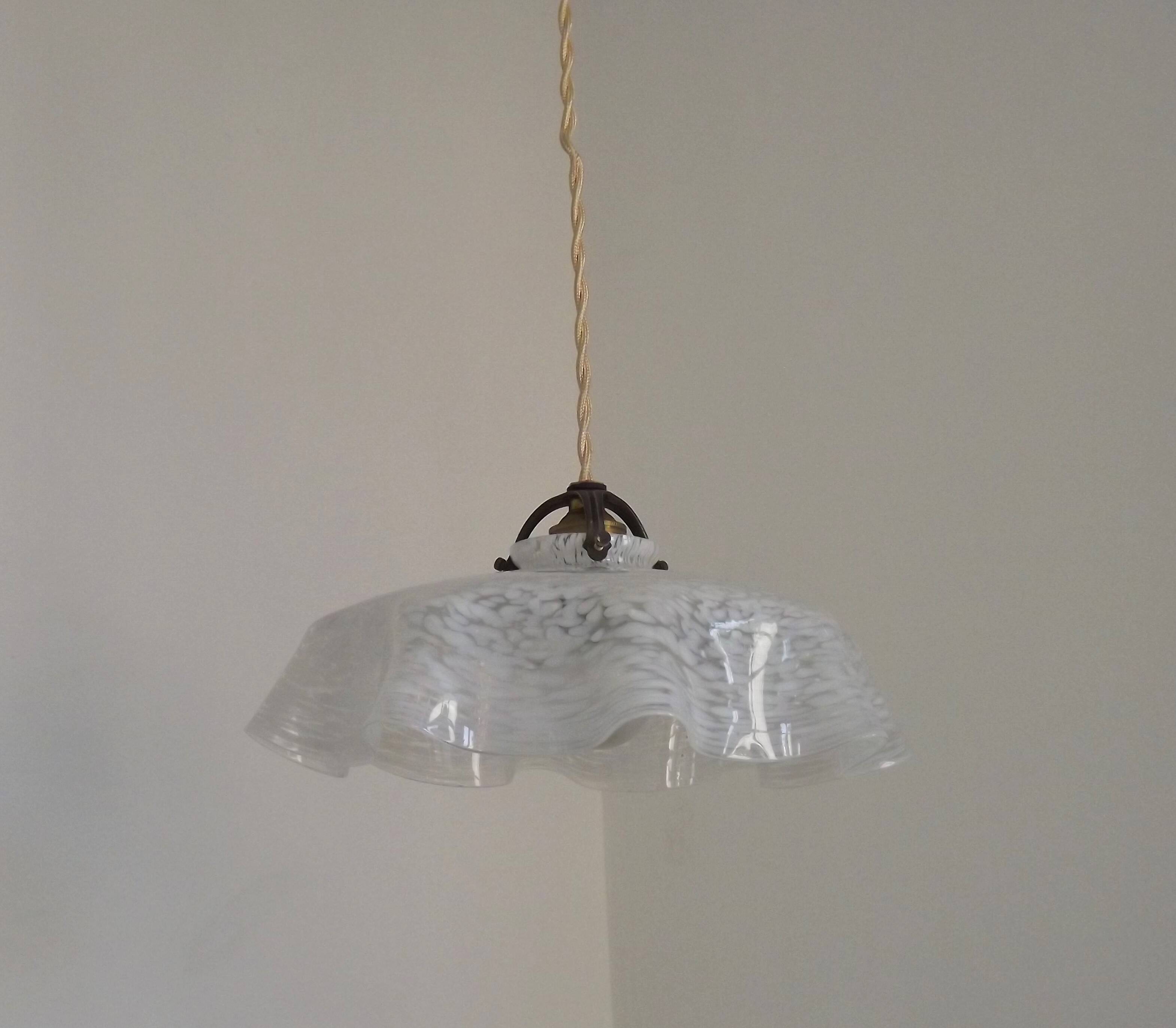 French Vintage 1930s White Frilled Clichy Glass Lampshade Ceiling Light
