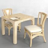 Square Rattan and Stone Marquetry Table with Matching Chairs, 1970